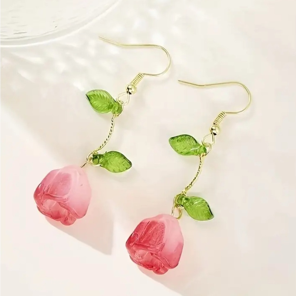 Elegant Pink Rose Earrings